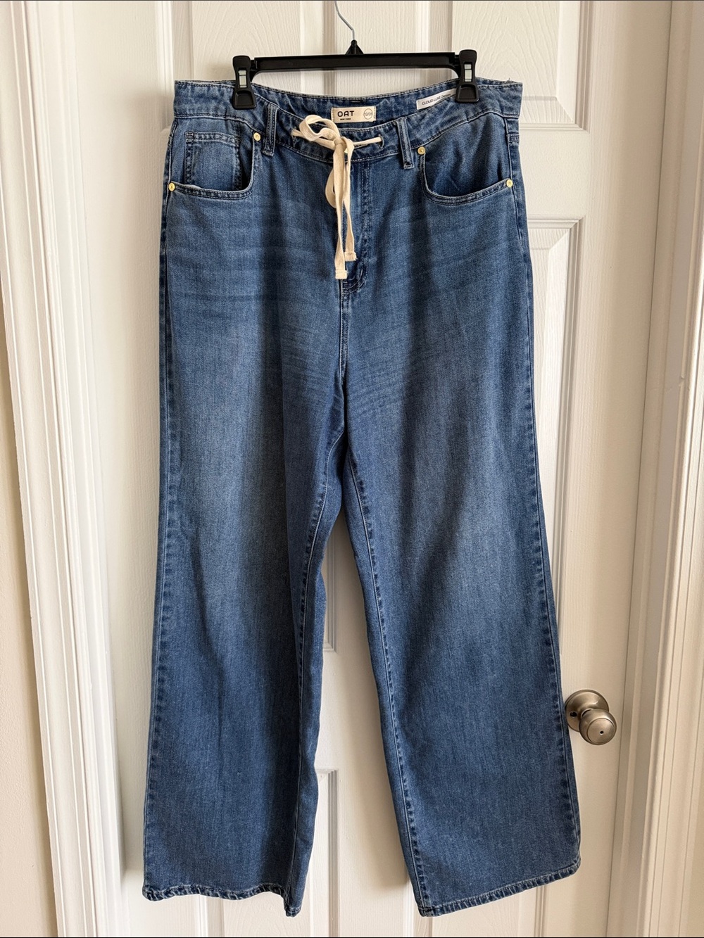 OAT CLOUD Luxe Denim Wide Leg Drawstring Jeans - Medium Blue